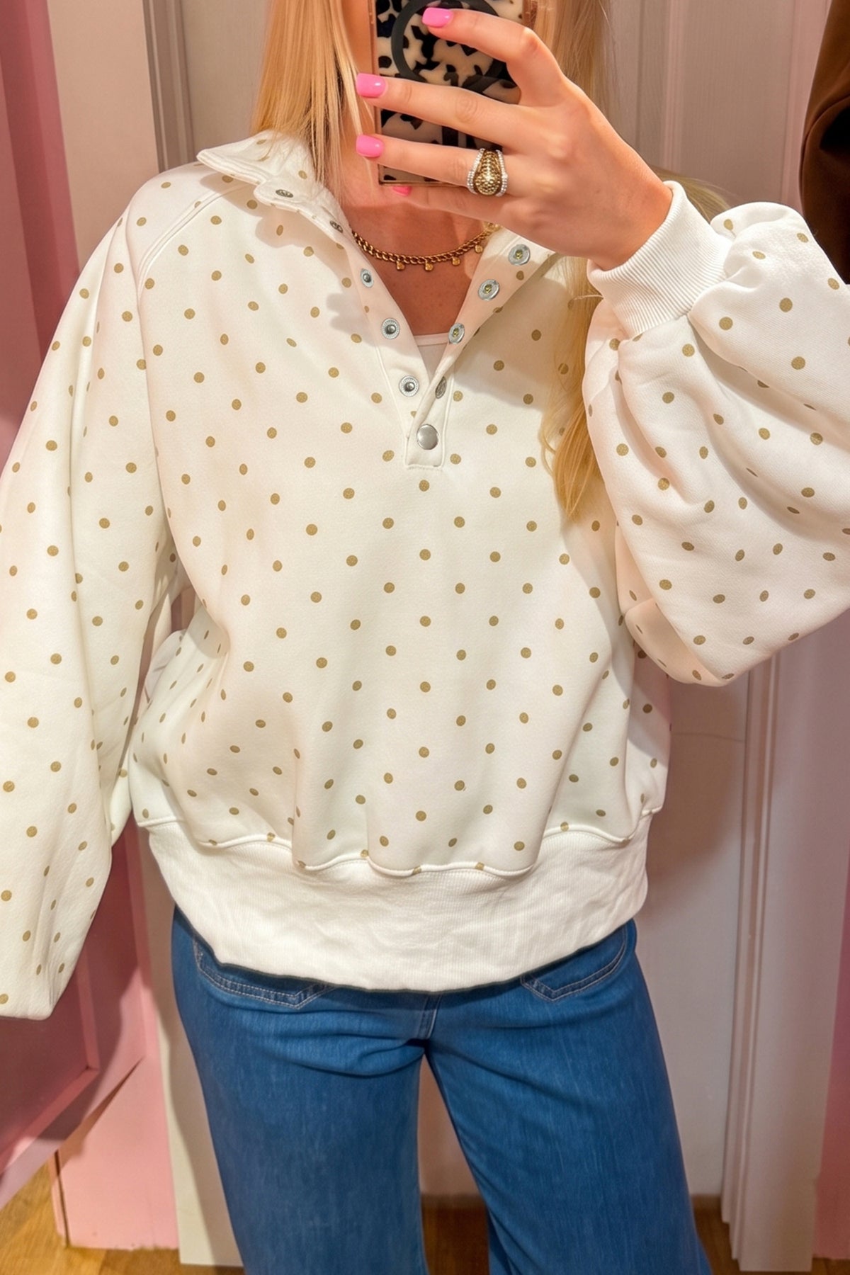 Black Polka Dot Print Metal Button Collar Sweatshirt