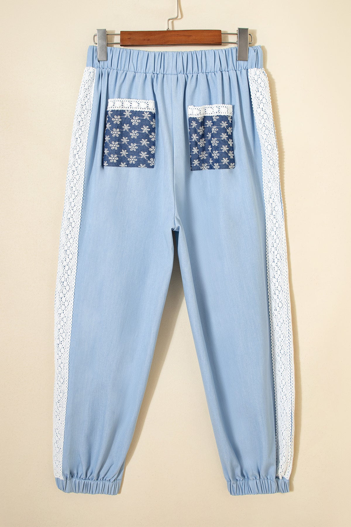 Beau Blue Lace Accent Floral Patched Pocket Pleated Wide Leg Pants