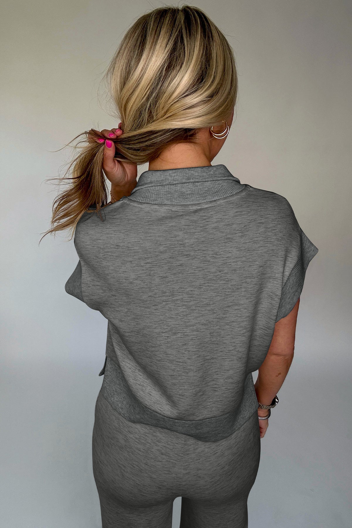 Women's Gray Half Zip Polo Tee Pants Two-Piece Set