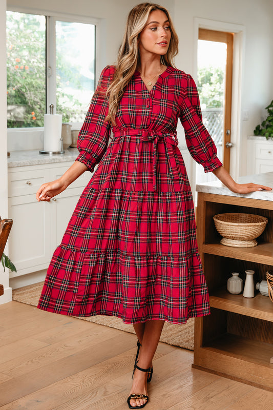 Red Christmas Plaid V Neck 3/4 Sleeve Ruffle Hem Long Dress