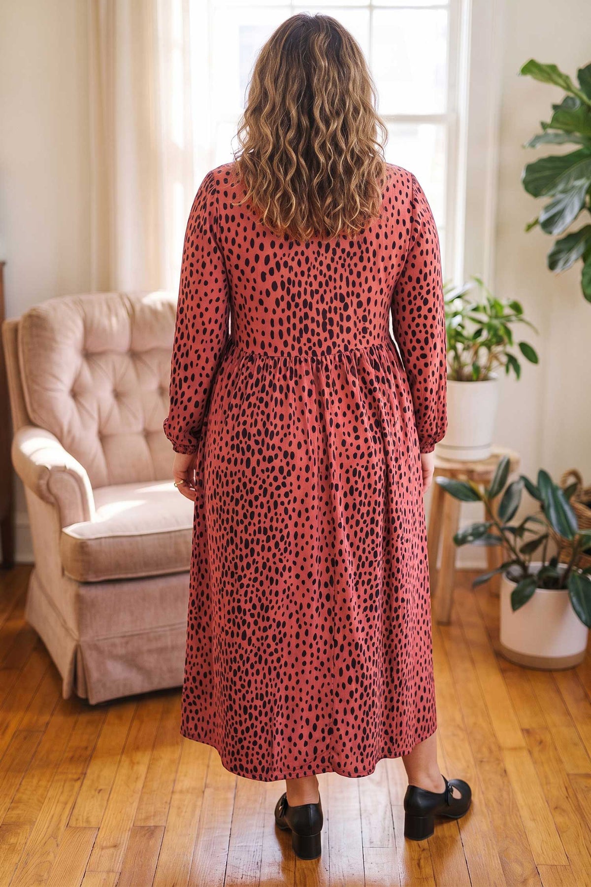 Red Leopard Print Long-Sleeve V-Neck Plus Size Midi Dress
