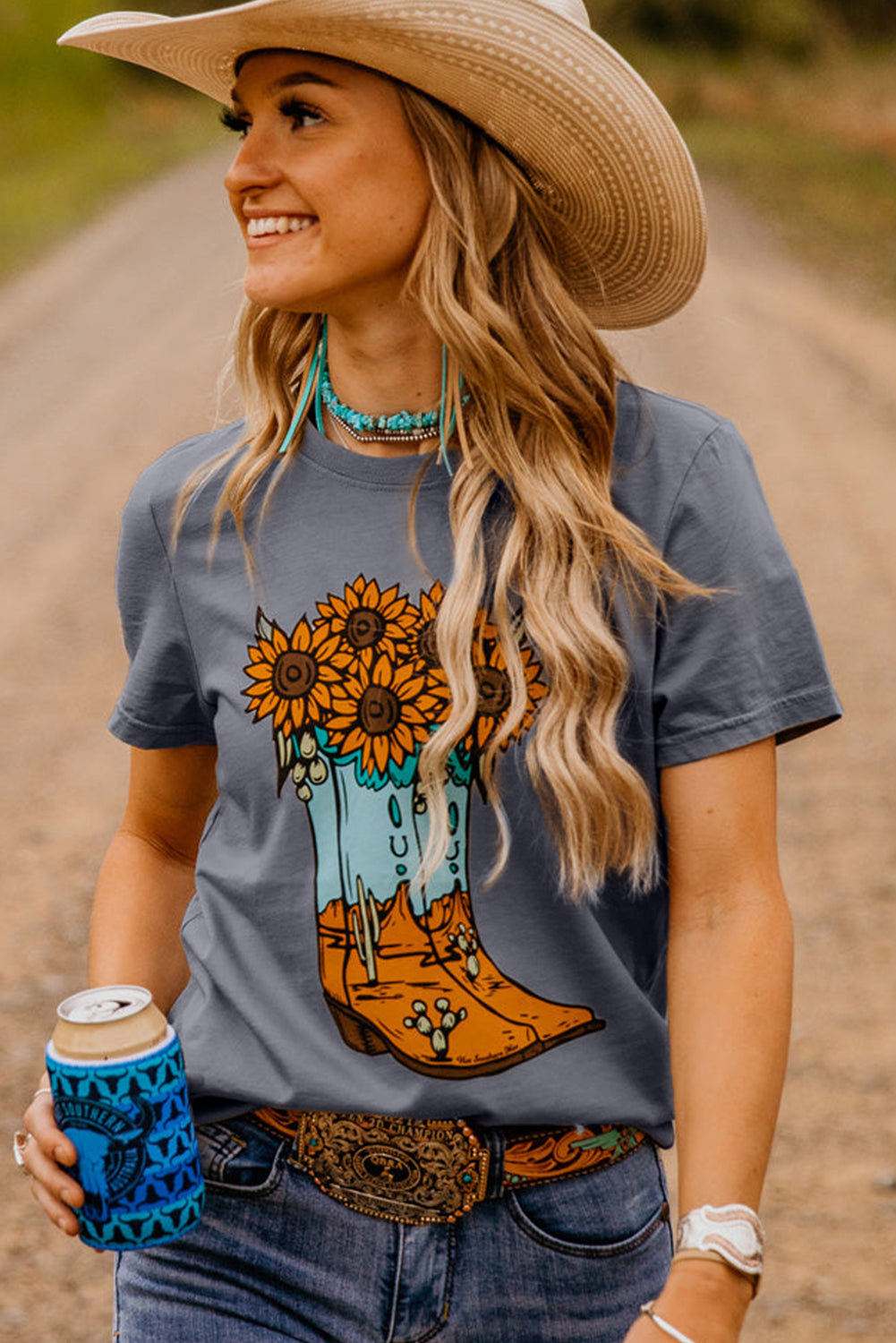 Gray Sunflower Cowgirl Boots Print Western Fashion T-Shirt