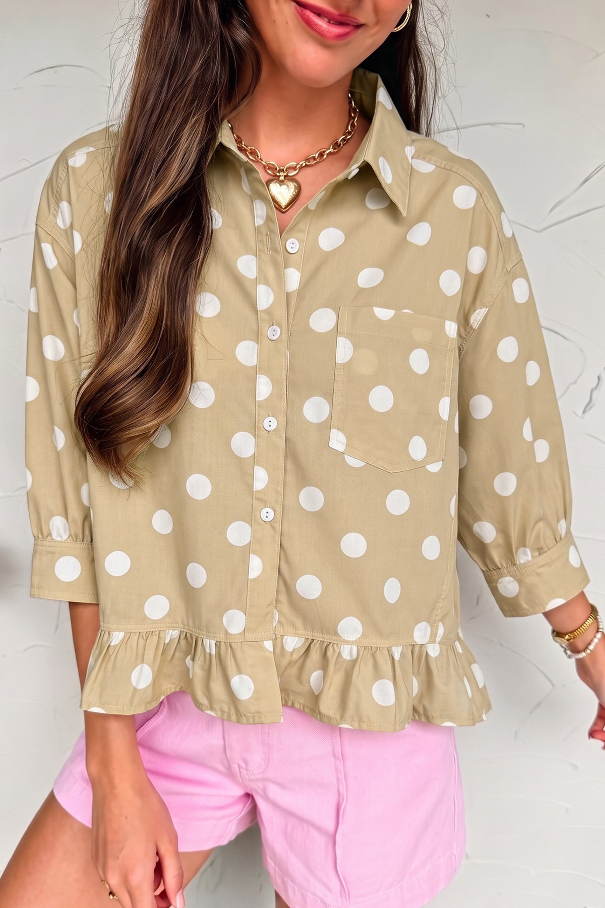 White Polka Dot Print Three Quarter Sleeve Ruffle Hem Shirt