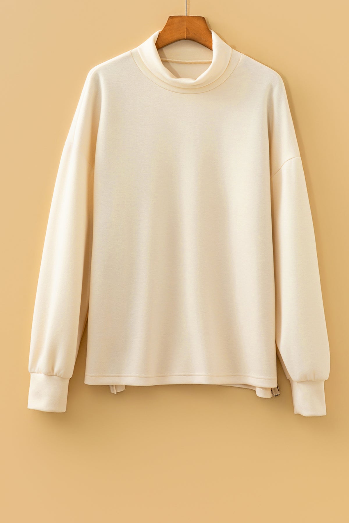 Beige Mock Neck Long Sleeve Leopard Split Hem Top