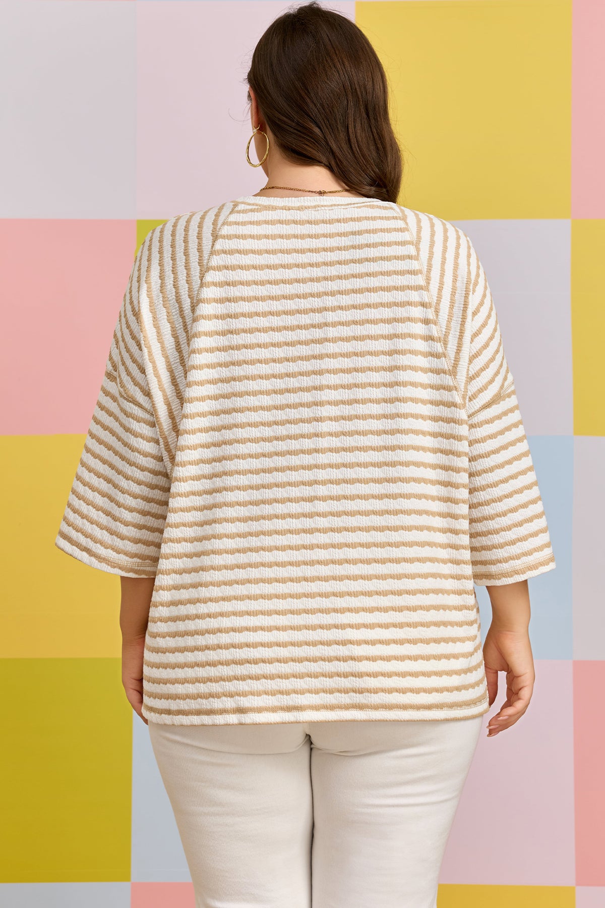 Apricot Stripe Plus Size Textured Patchwork Detail Half-Sleeve Top