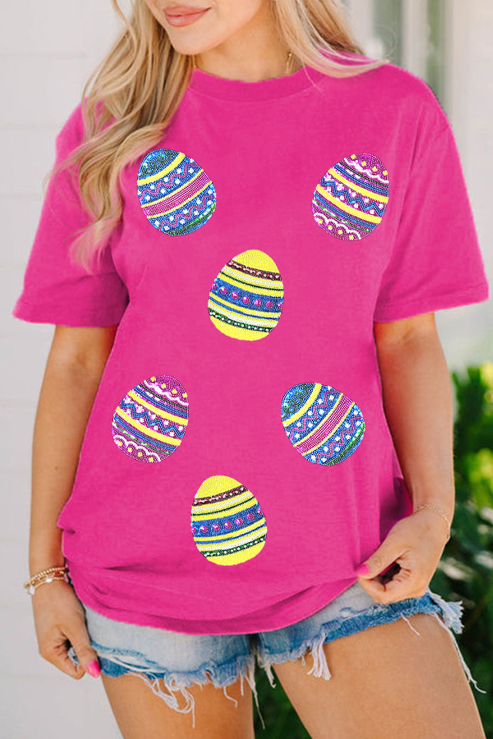 Rose Red Sequin Easter Egg Graphic Casual T-Shirt
