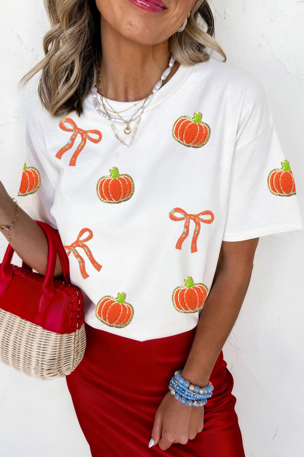 White Sequin Chenille Pumpkin Bow Pattern Casual Short T-Shirt