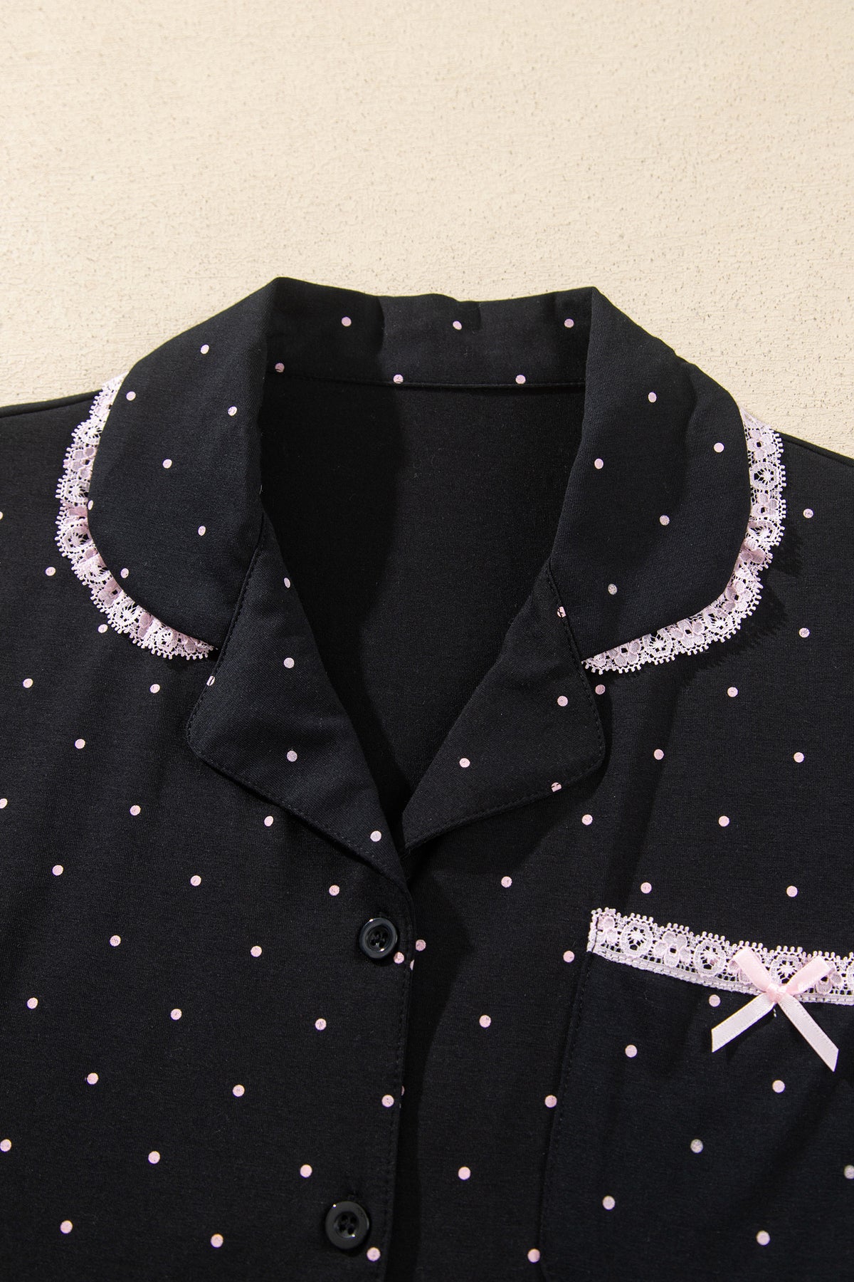 Black Polka Dot Long Sleeve Shirt Lace Detail Pajama Pants Set