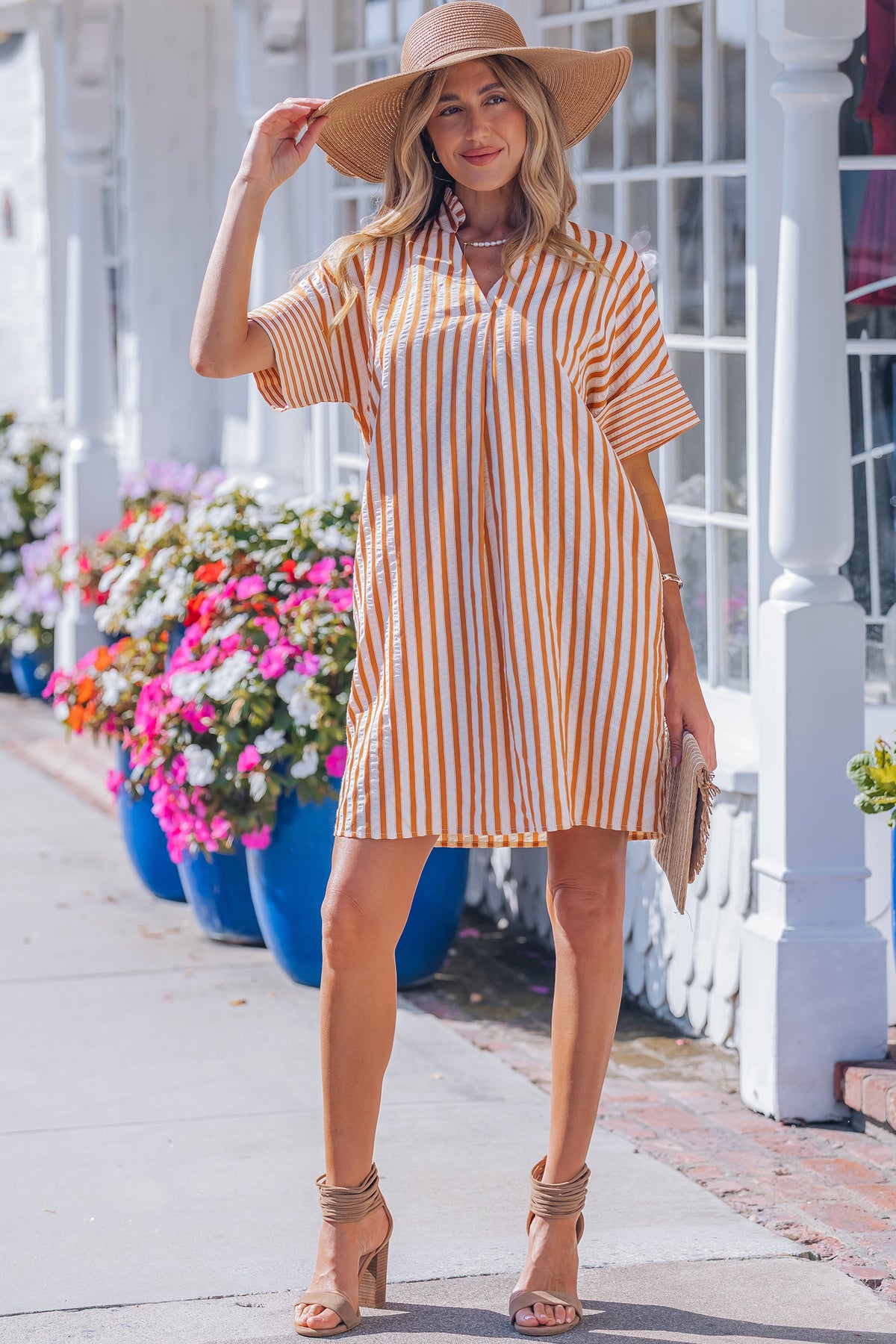 Brown Stripe V-Neck Mini Dress