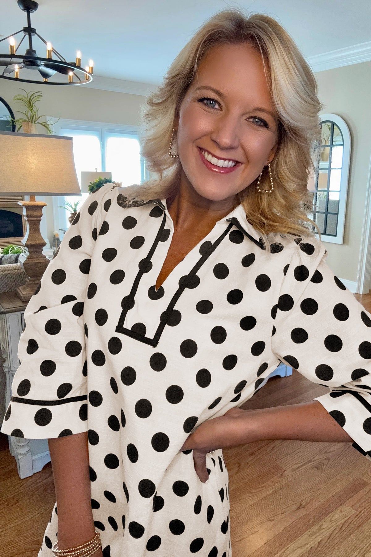 White Polka Dot Half Sleeve Collar V Neck Pocketed Mini Dress