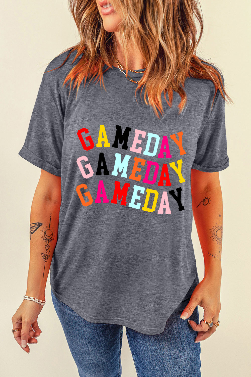 Gray Colorful GAME DAY Graphic Crew T-Shirt