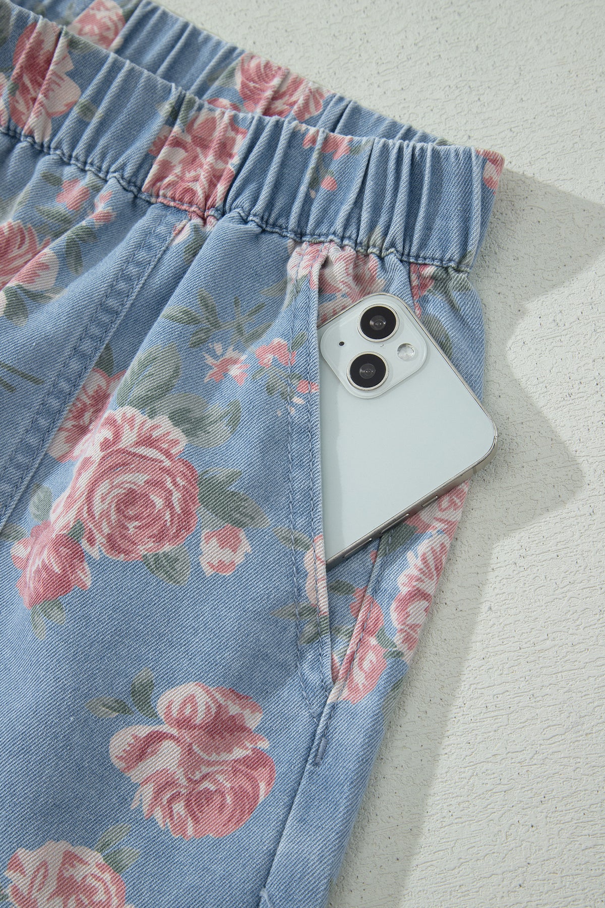 Women's Sky Blue Floral Denim Short-Sleeve Top Loose Shorts Two-Piece Set