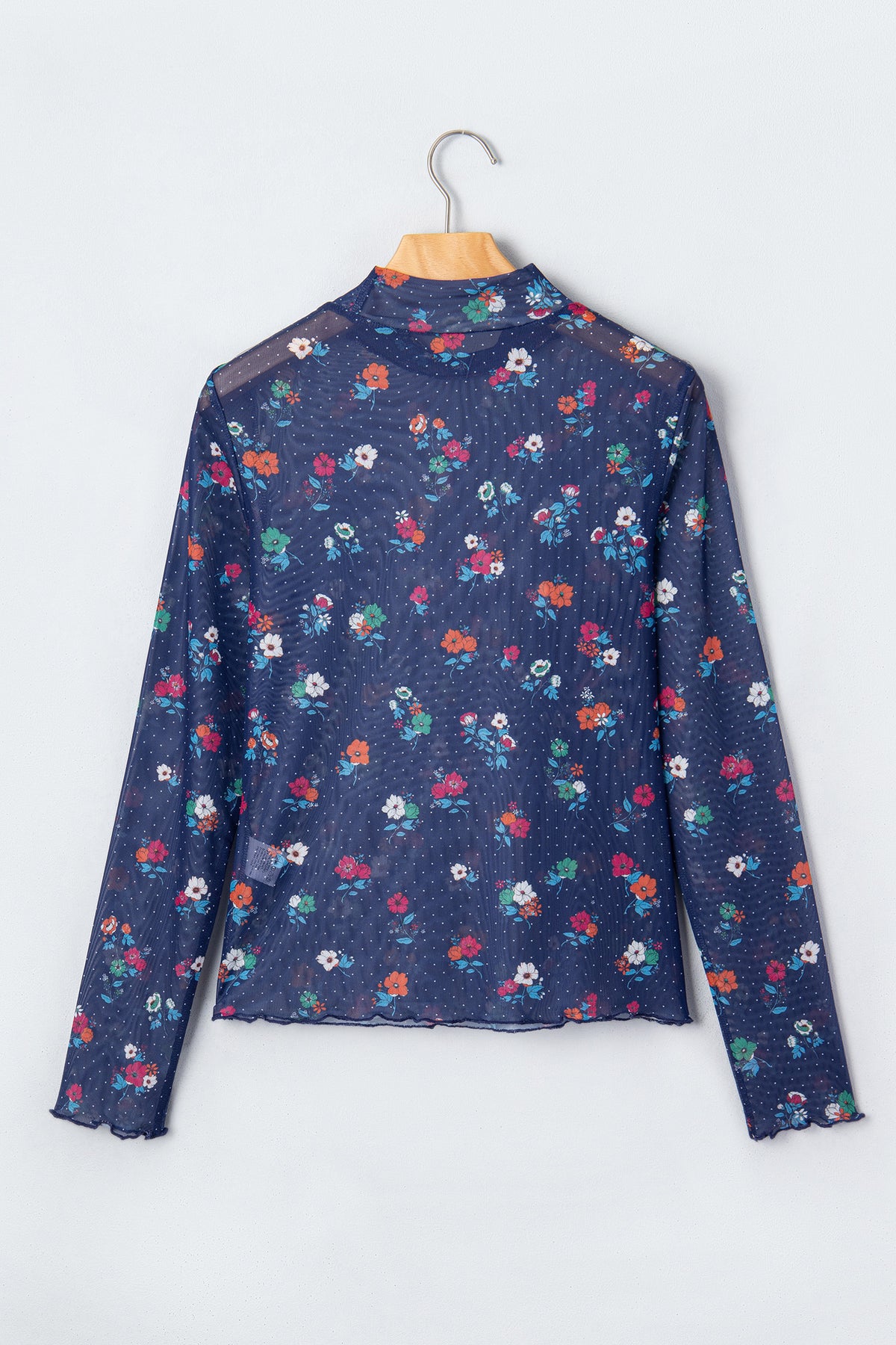 Blue Polka Dot Floral Mesh High Neck Sheath Top
