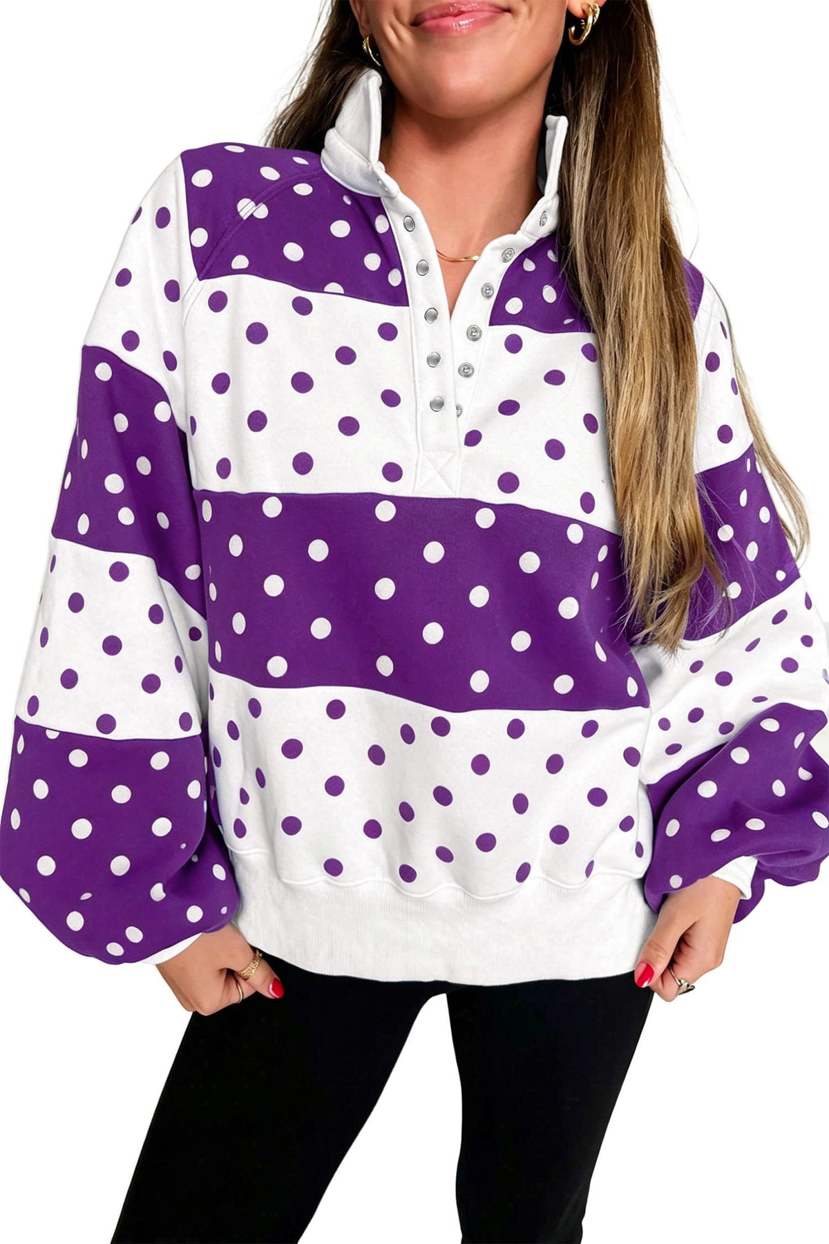 Blue Polka Dot Color Block Half Zip Puff Sleeve Sweatshirt
