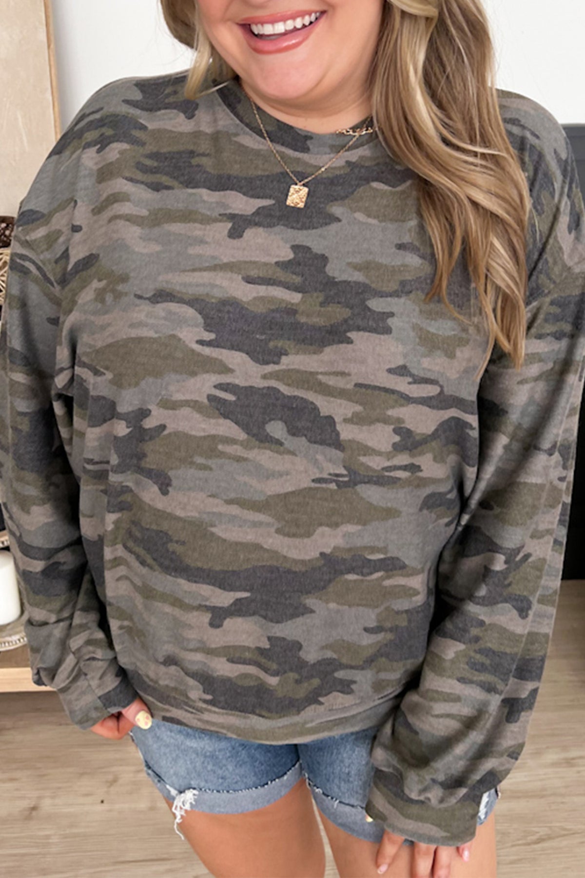 Green Camo Print Long-Sleeve Plus Size Blouse