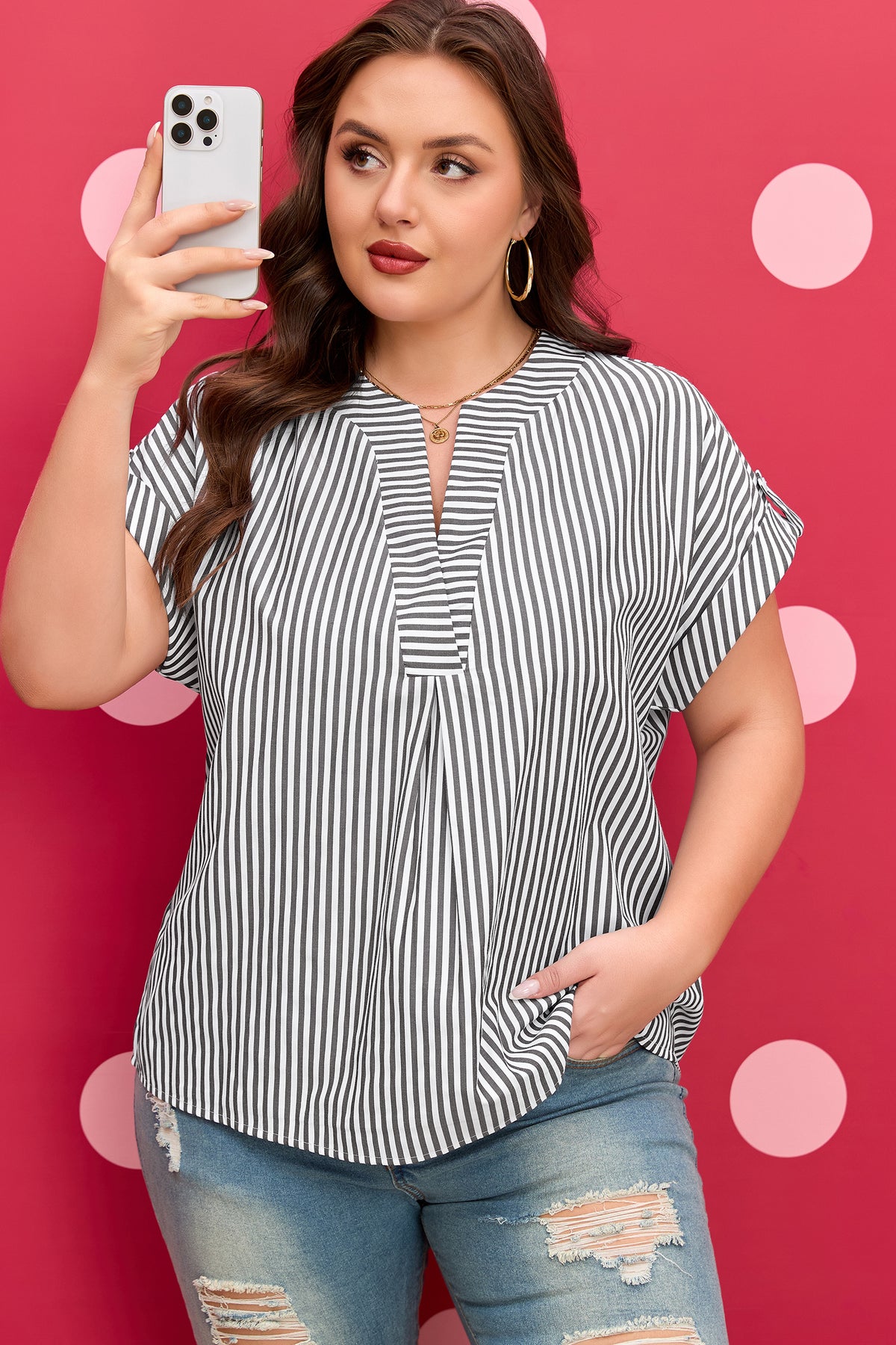 Black Stripe Plus Size V-Neck Roll-tab Short Dolman Sleeve Blouse