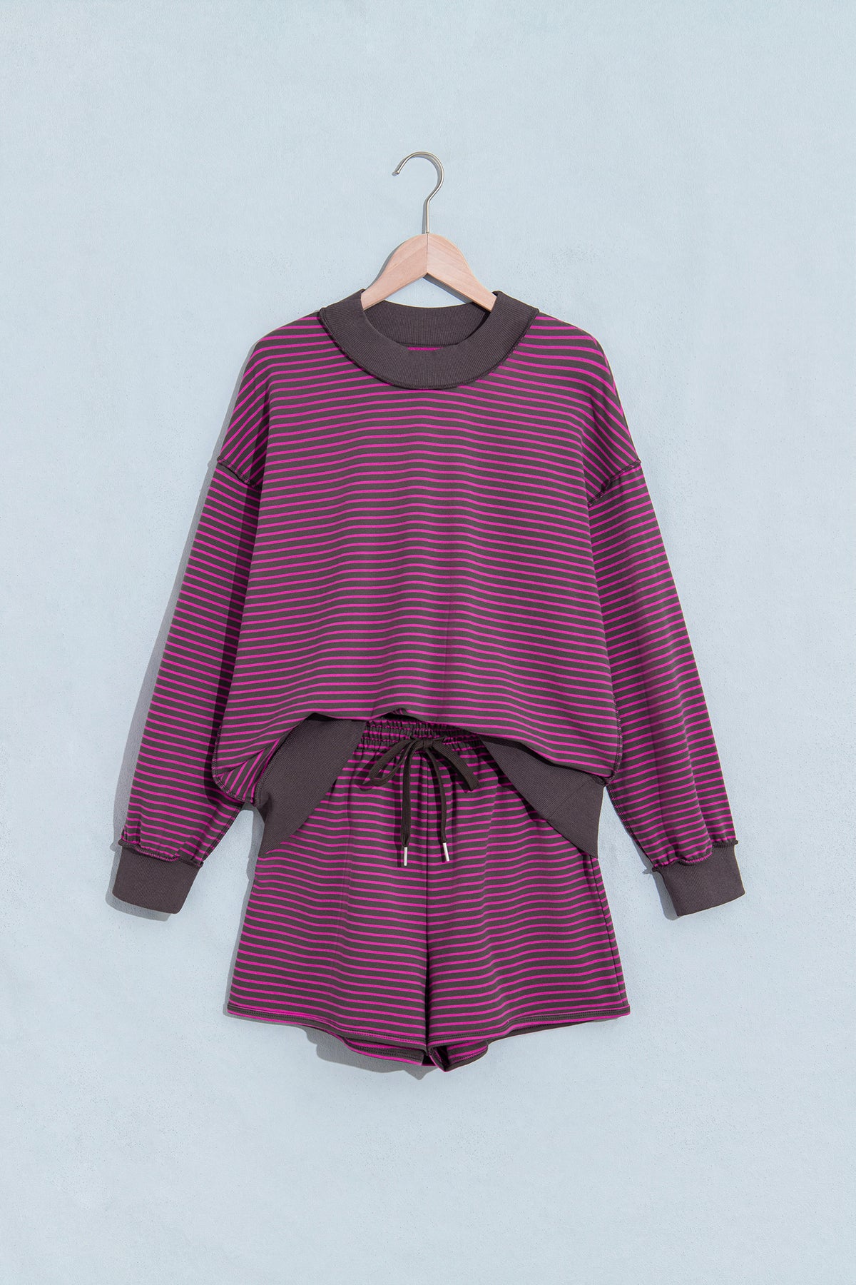 Women's Pink Stripe Ribbed Patchwork Mock Neck Baggy Pullover Matching Shorts Set