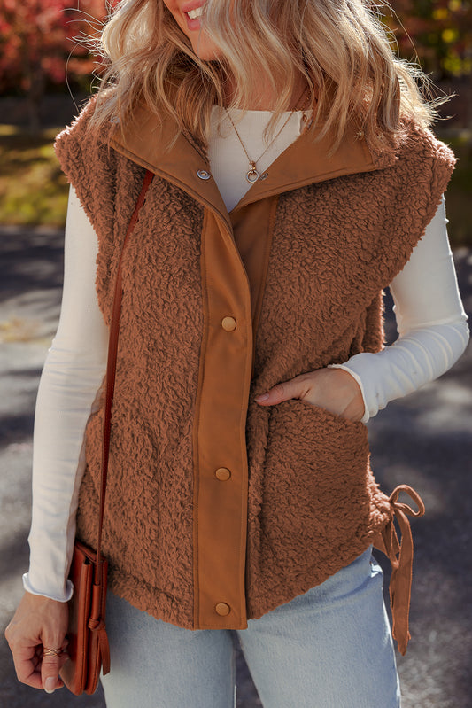 Cinnamon Faux Fur Snap Button Front Side Plush Vest with Pockets