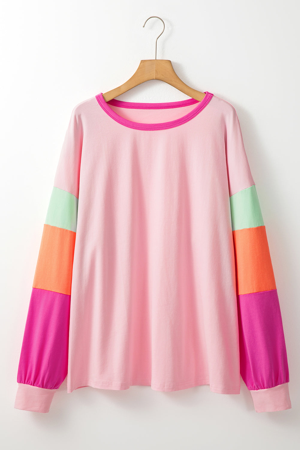Pink Color-Block Patchwork Long-Sleeve Plus Size Top