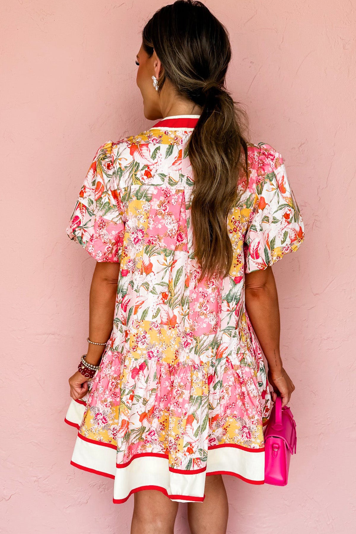 Pink Floral Ruffle V-Neck Mini Dress