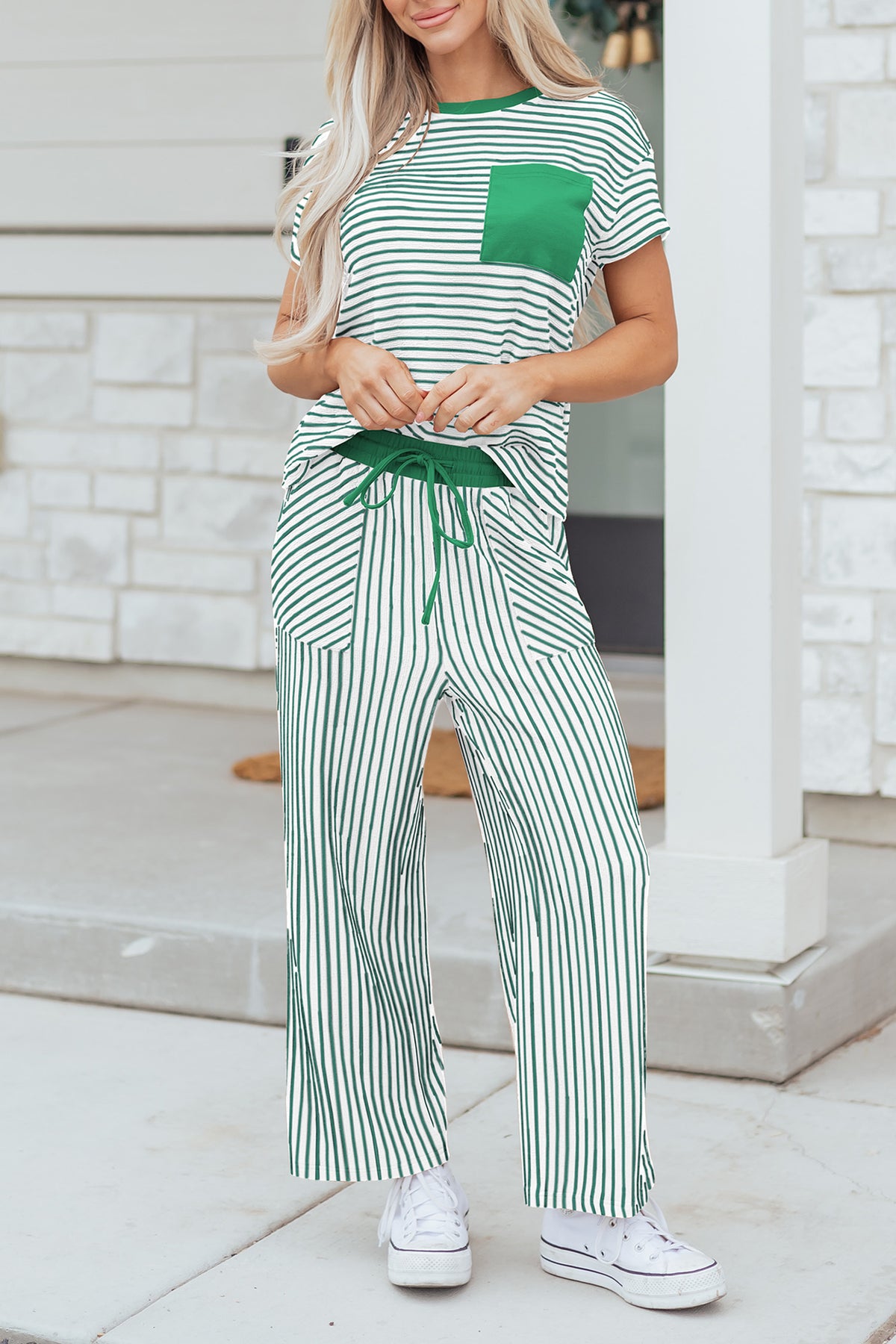 Women's Green Stripe Crewneck Tee Waist Cropped Pants Set