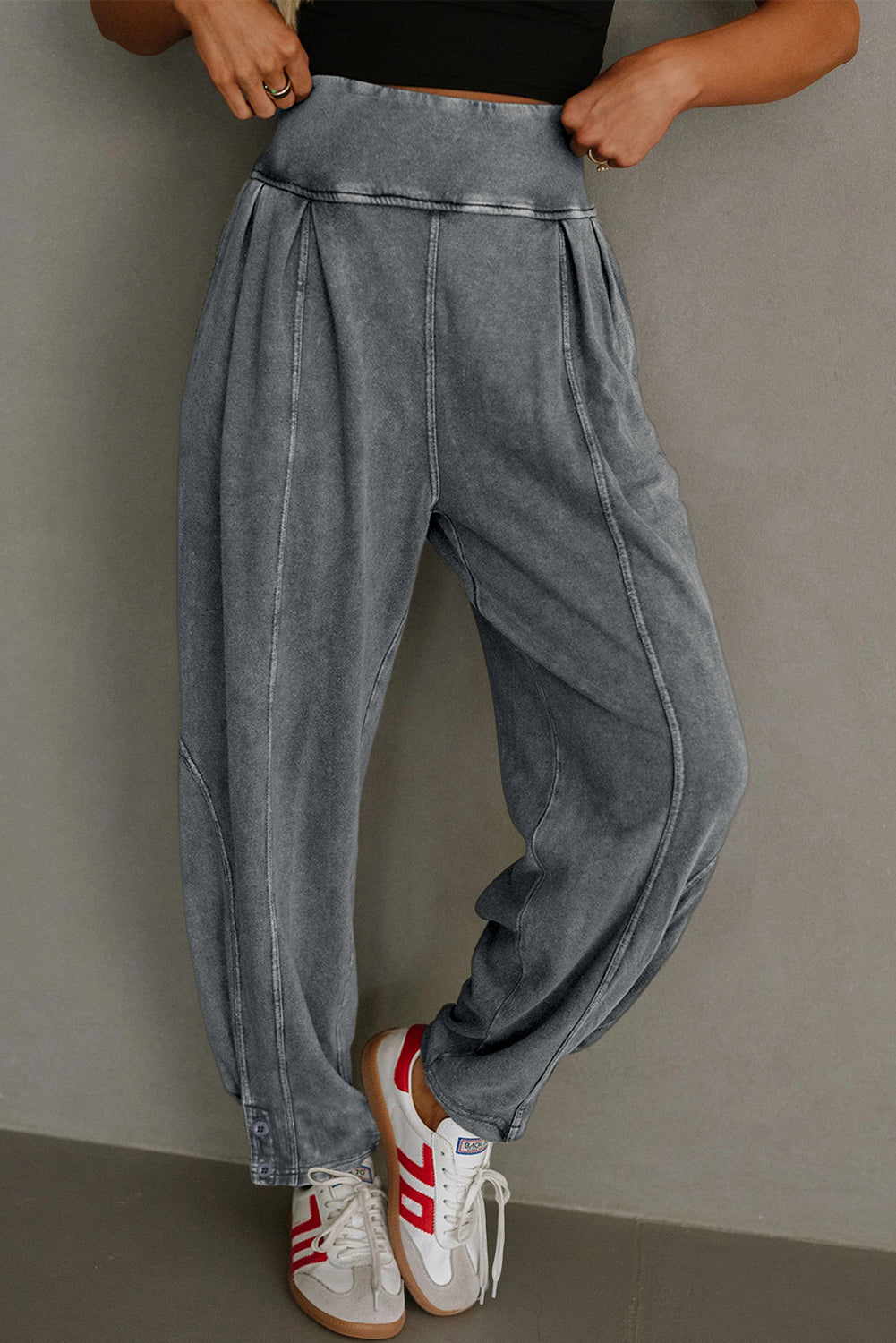 Medium Grey Mineral Wash Jogger Style High Waist Casual Pants