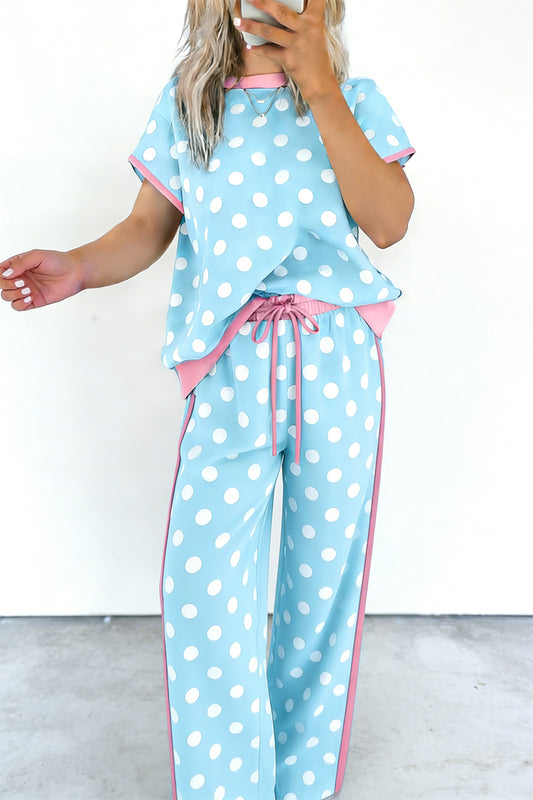 Women's Sky Blue Polka Dot Short-Sleeve Top & Pants Set