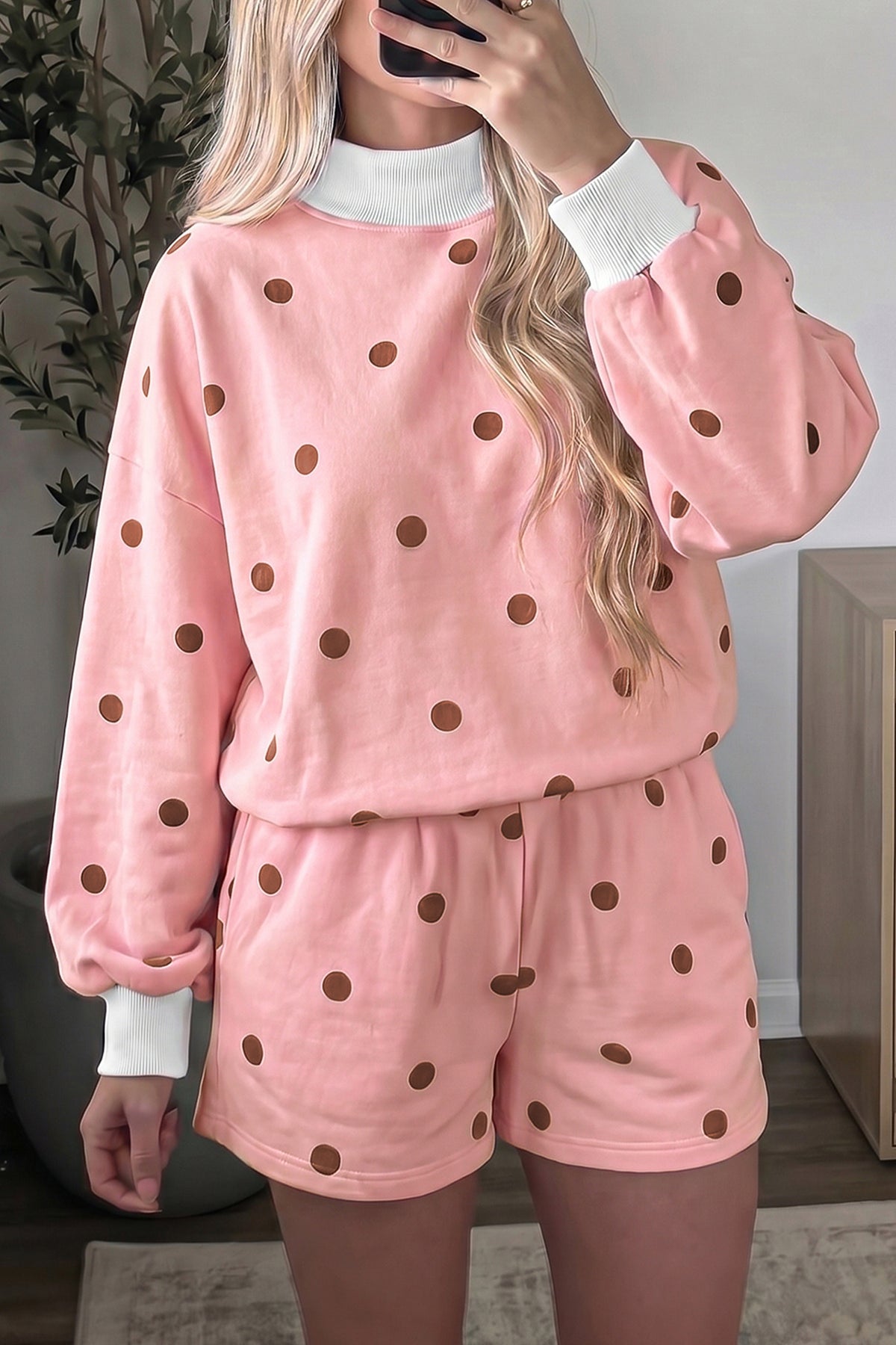 Women's Pink Polka Dot Ribbed Trim Long-Sleeve Top Casual Shorts Set