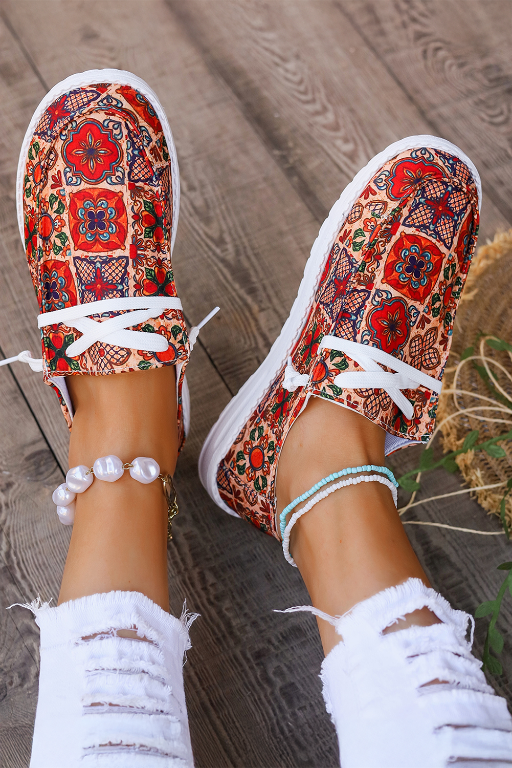 Fiery Red Western Printed Lacing Flat Slip-On Shoes