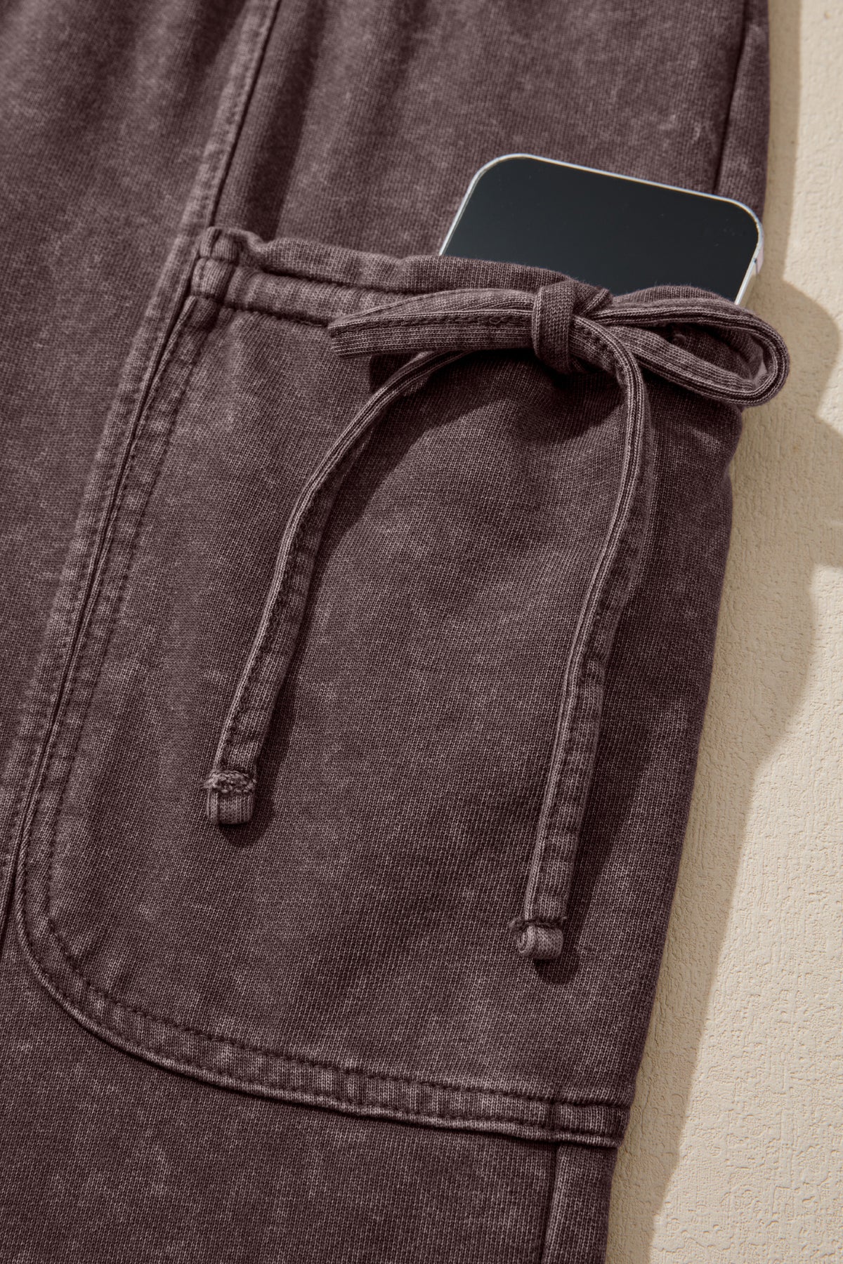 Dark Brown Cotton Mineral Wash Elastic Waist Drawstring Tie Cargo Pants