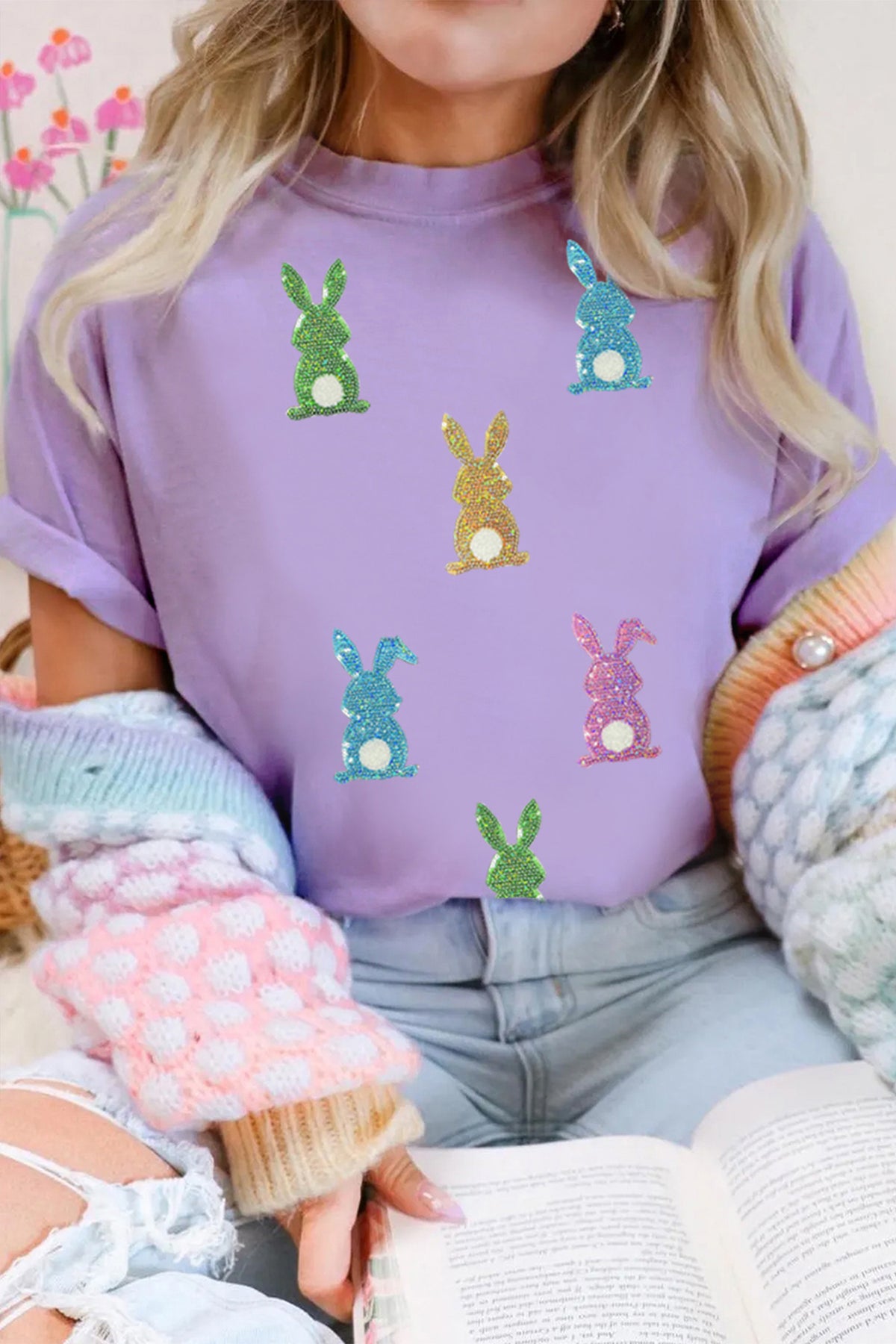 Wisteria Sequin Easter Bunny Patched Tee