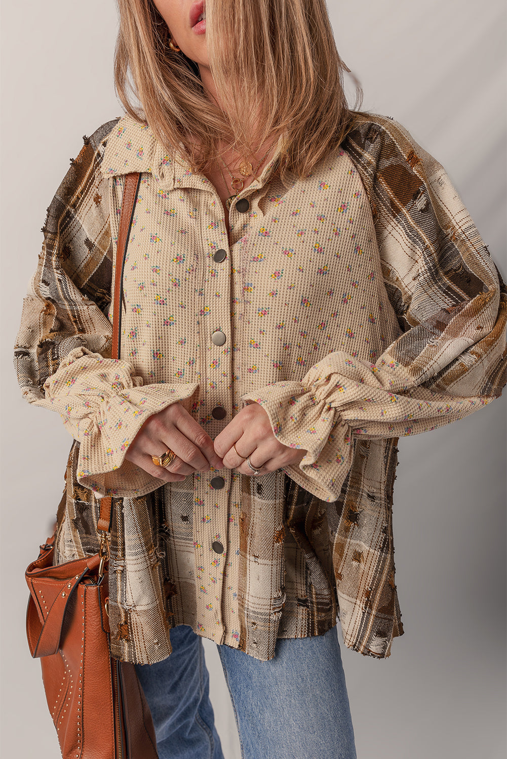Oatmeal Boho Floral Plaid Distressed Ruffled Sleeve Waffle Knit Shacket