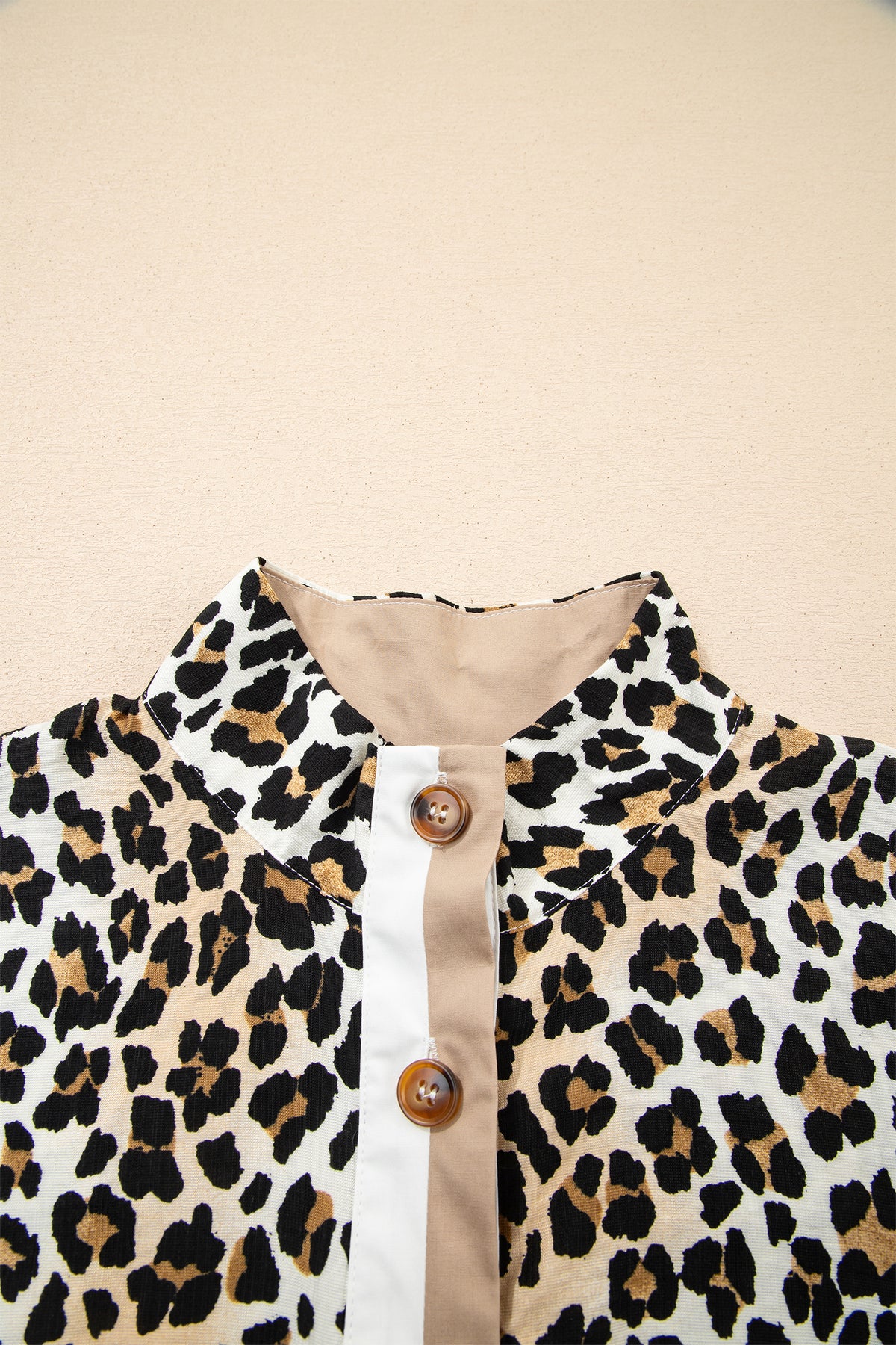 Multicolour Half Buttons Short Sleeve Leopard Mini Dress with Pockets