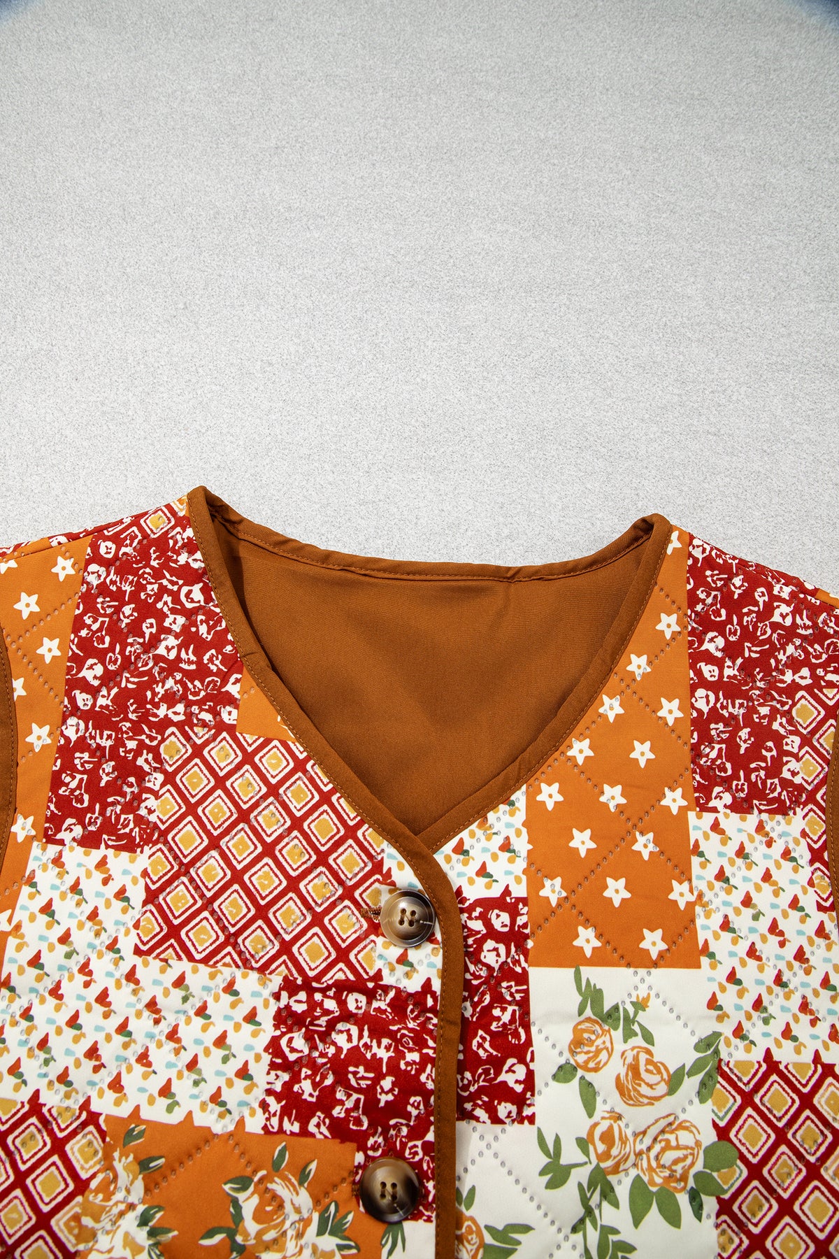 Golden Fleece Quilted Floral Patchwork V Neck Button Vest