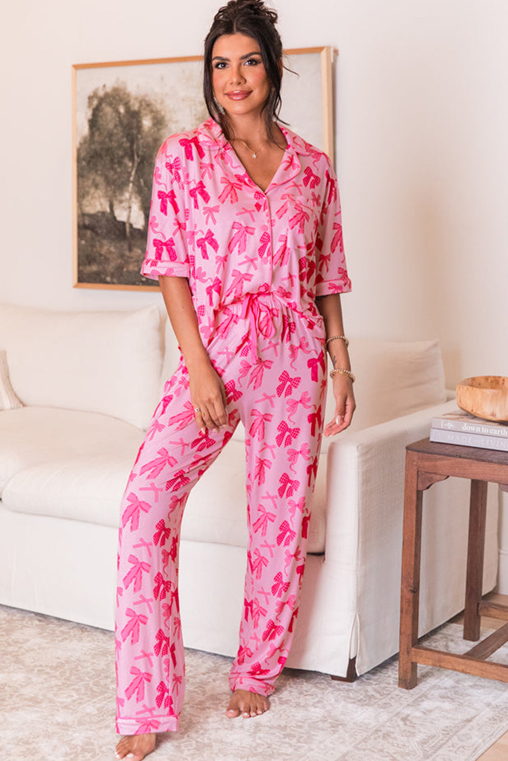 Pink Bow Print Lapel Collar Short Sleeve and Pants Pajama Set