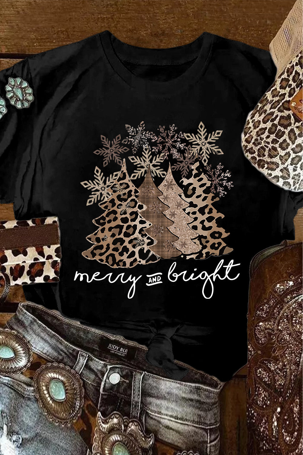 Black Leopard Christmas Tree Graphic Crew Neck T-Shirt