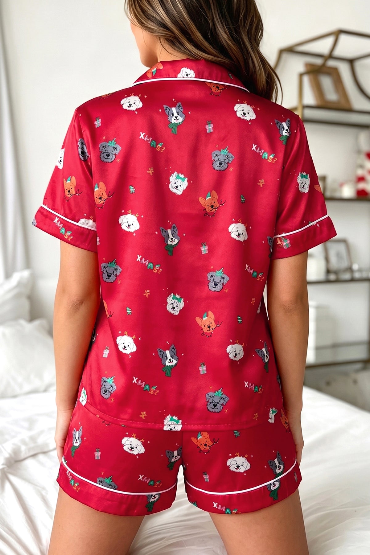 Racing Red Festive Dog Print Short Sleeve Lounge Set