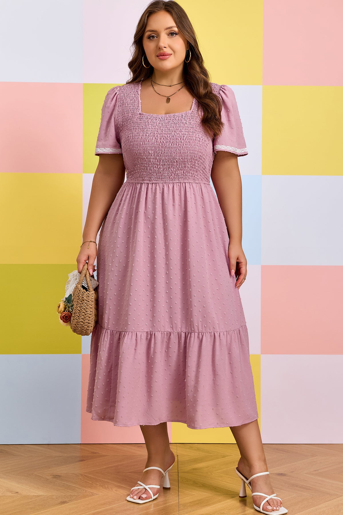 Pink Plus Size Swiss Dot Short-Sleeve Smocked High Waist Flowy Midi Dress