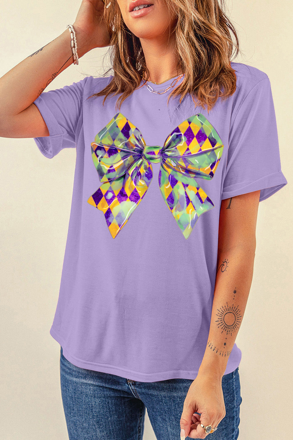 Wisteria Mardi Gras Bowknot Pattern Crew Neck T-Shirt