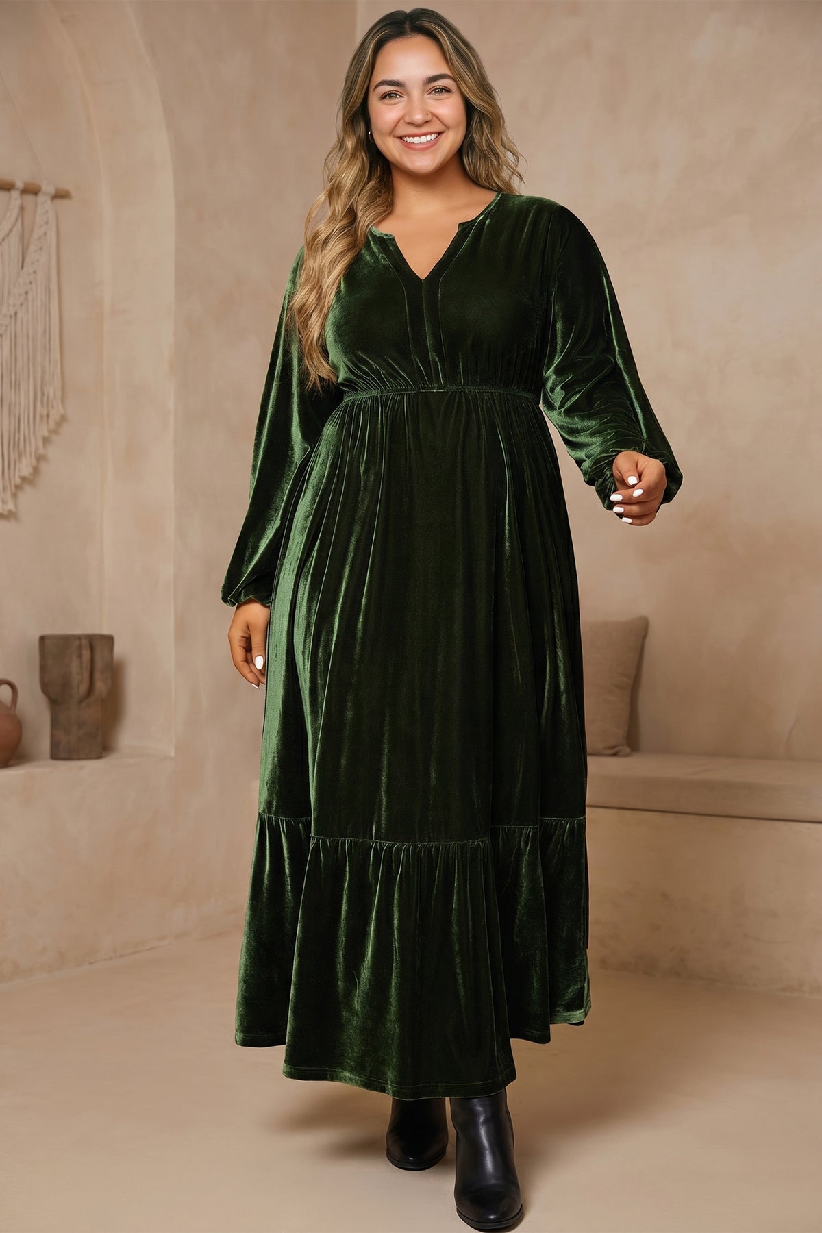 Blackish Green V Neck Velvet Plus Size Maxi Dress