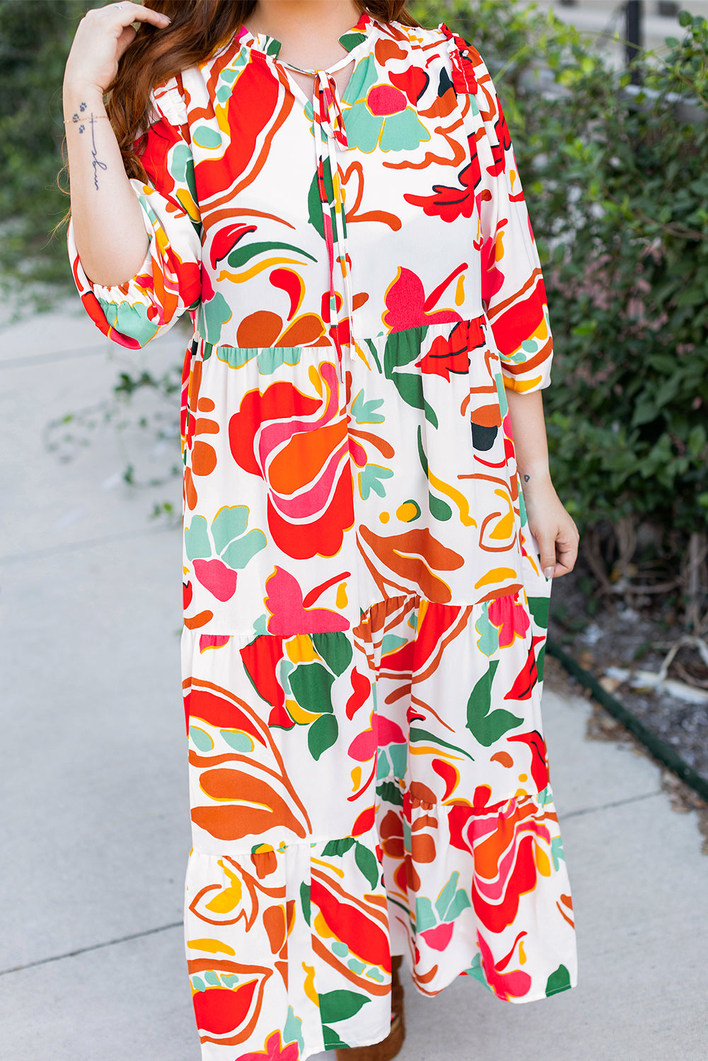Orange Floral Print Drawstring V-Neck Tiered Plus Size Dress