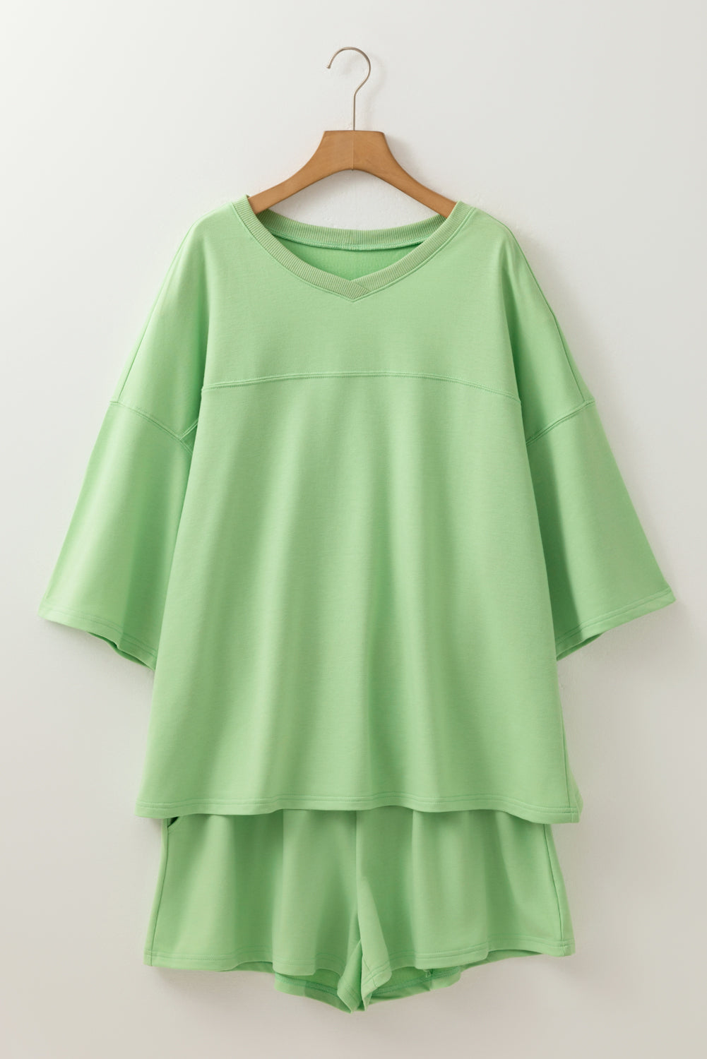 Meadow Mist Green Plus Size V-Neck Drop-Shoulder Tee Loose Shorts 2pcs Outfit