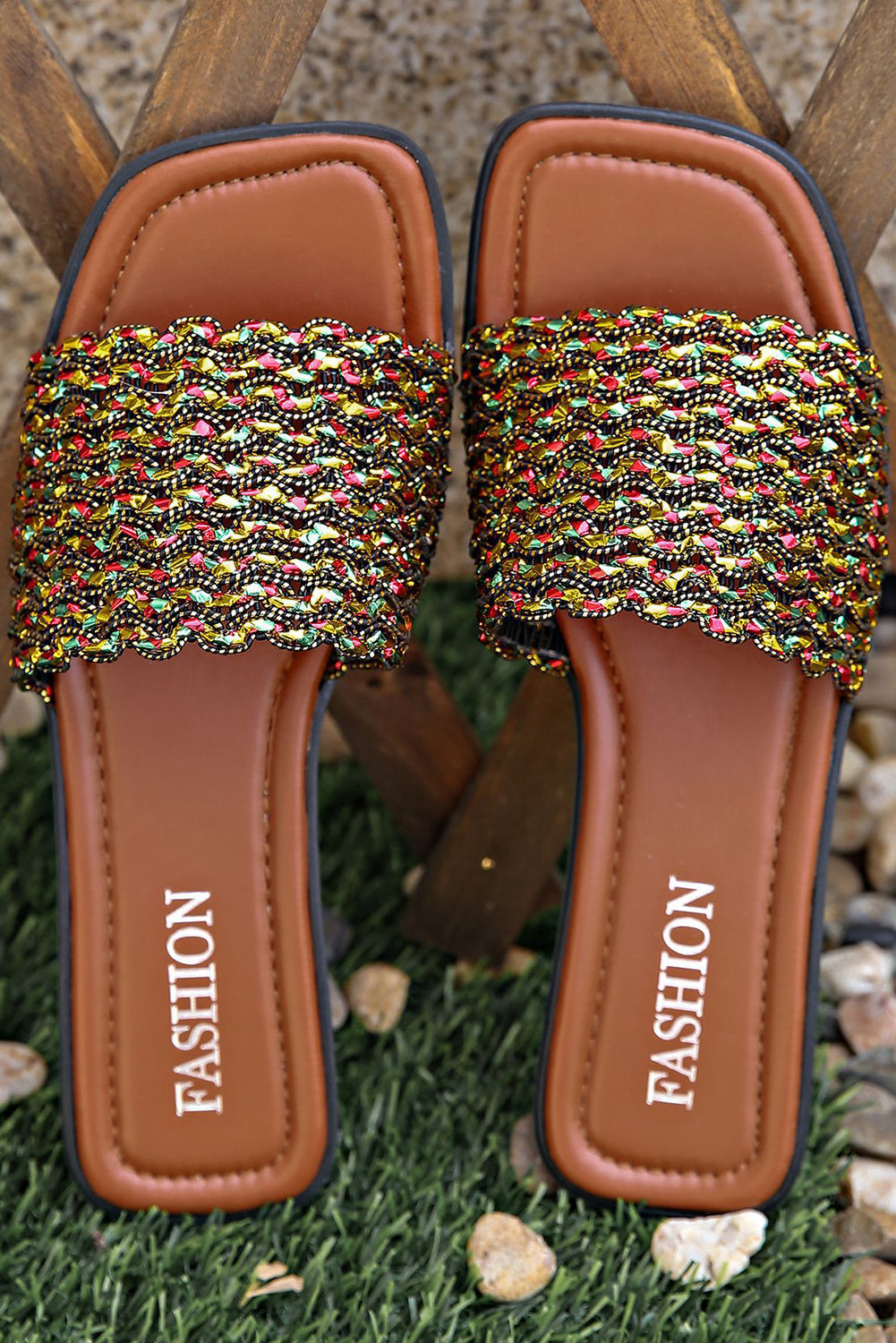 Red Dahlia Glitter Braided Square Toe PU Leather Sandals