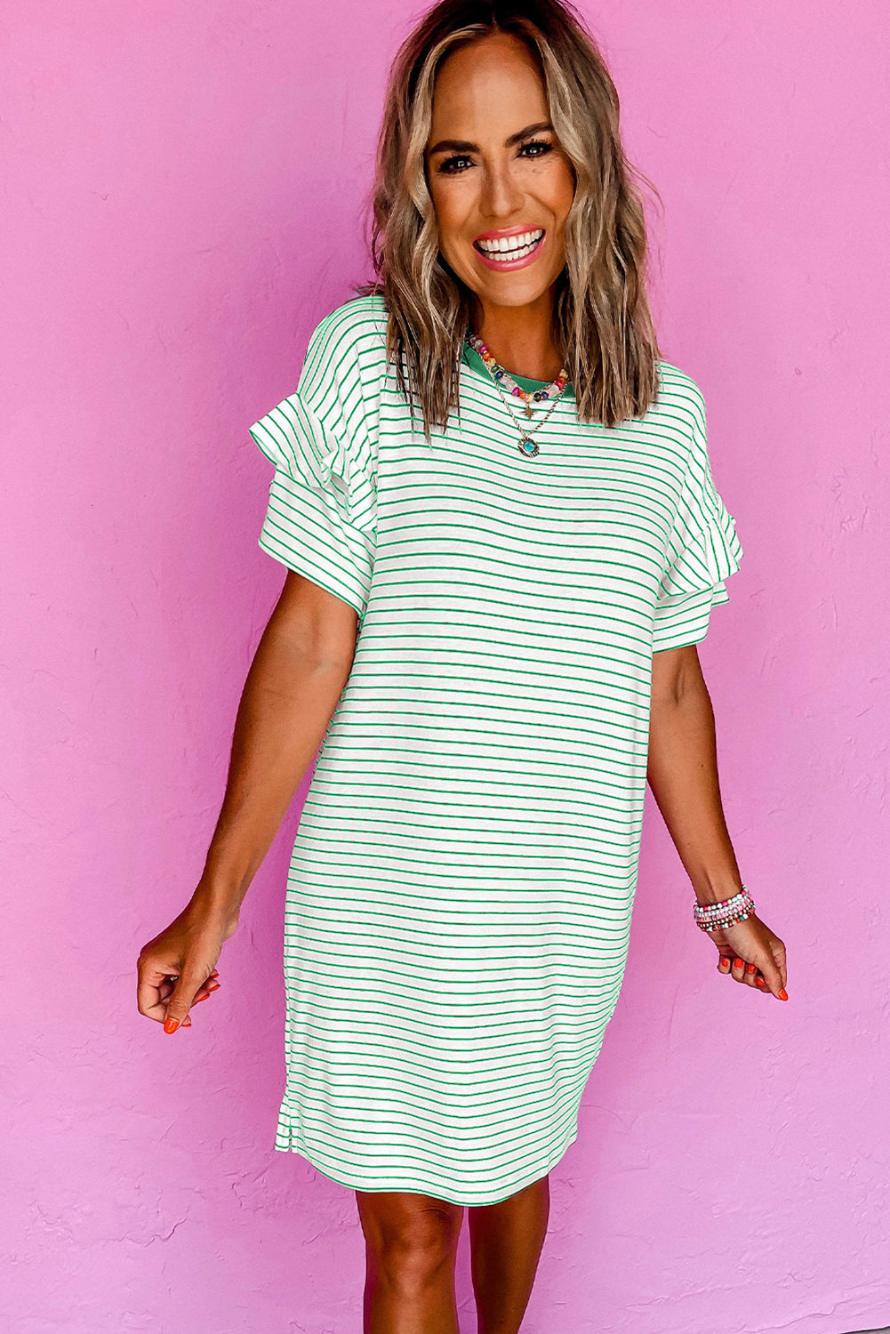 Green Stripe Ruffled Short Sleeve Crew Neck T Shirt Shift Mini Dress