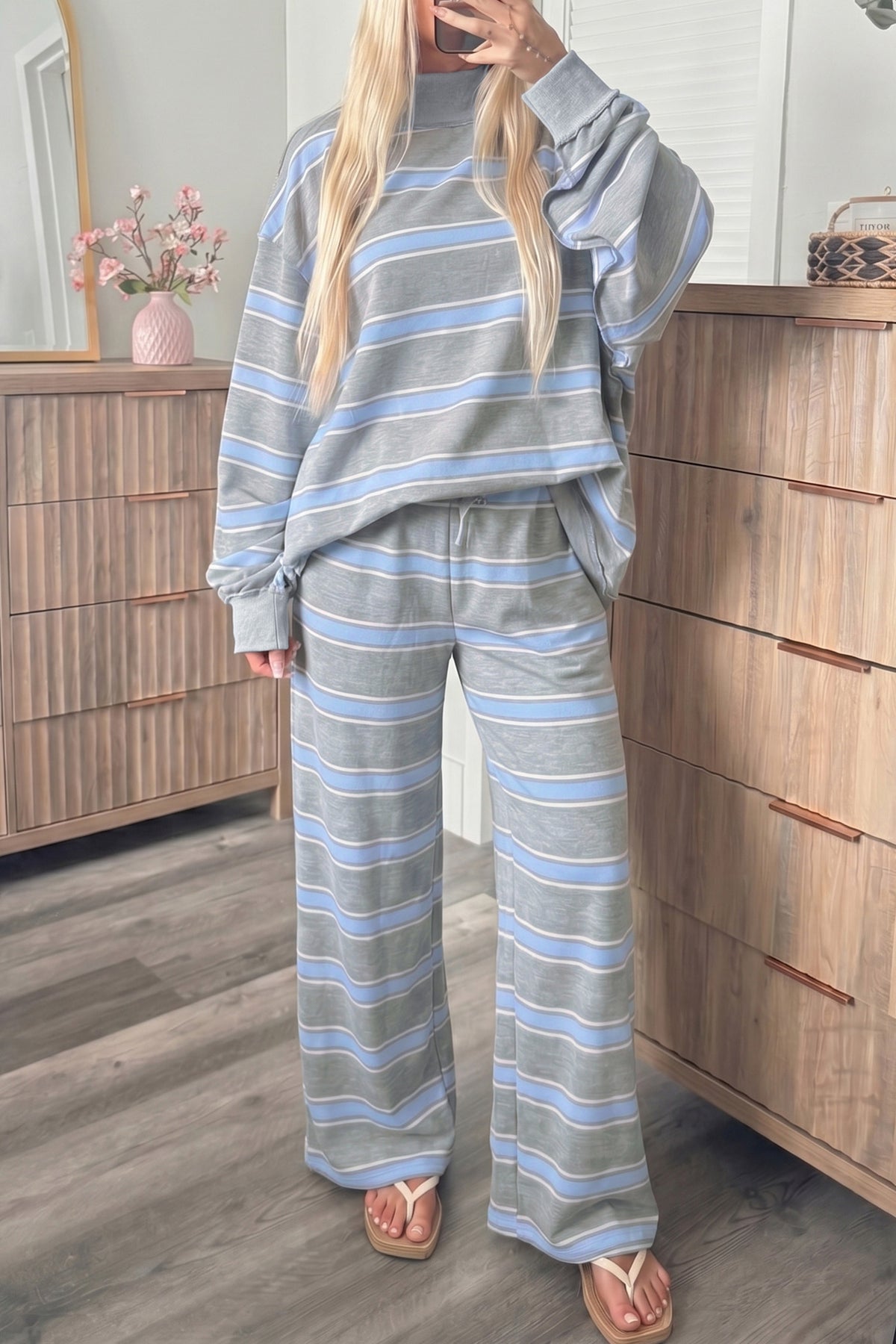 Pink Stripe Mock Neck Top and Loose Pants Set
