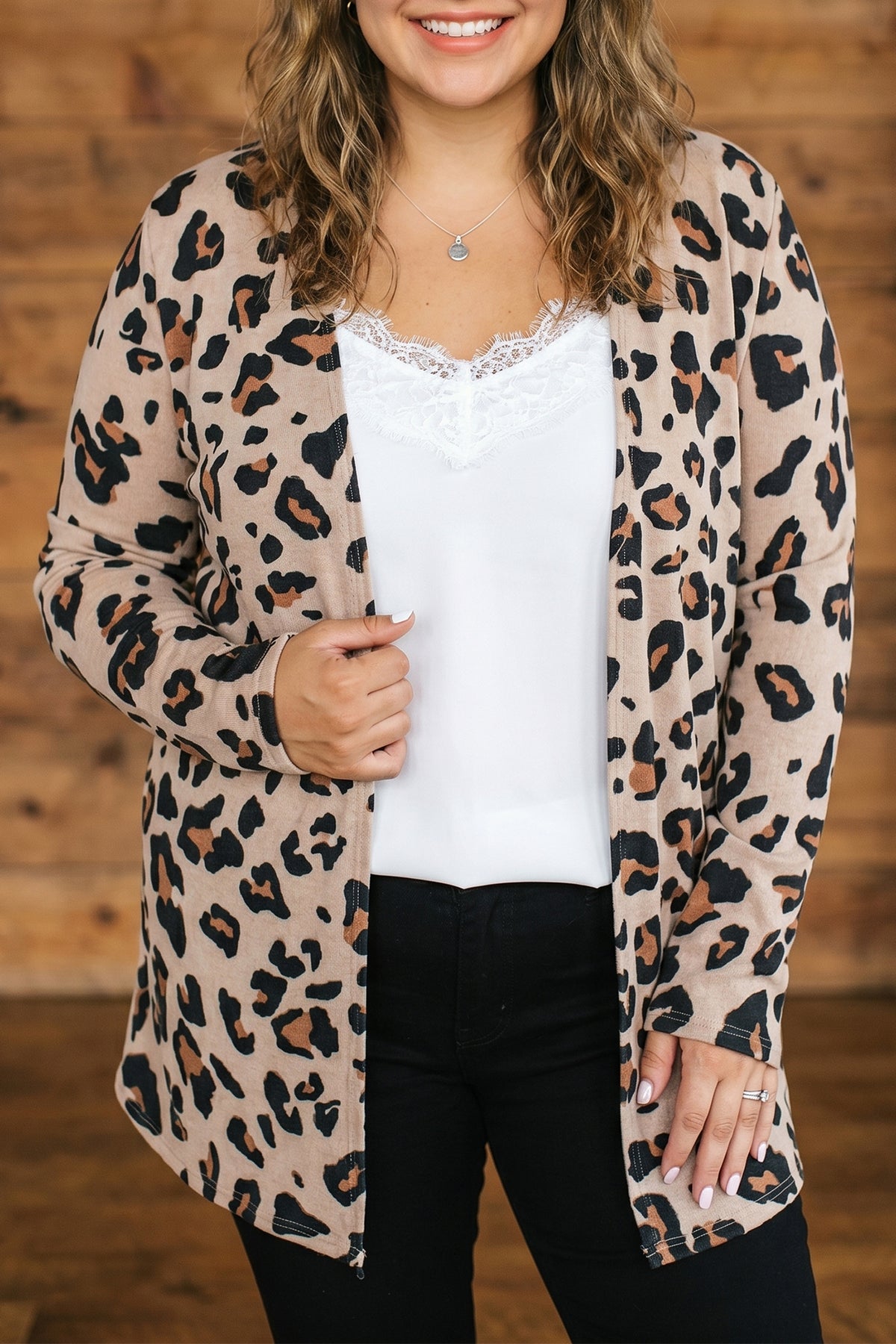 Khaki Leopard Print Long-Sleeve V-Neck Tunic Plus Size Cardigan