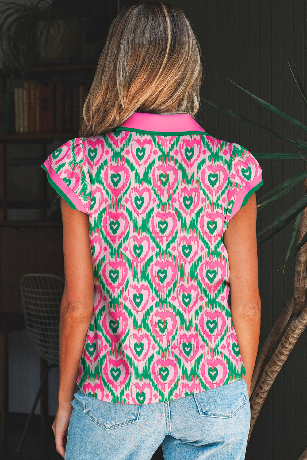 Green Abstract Heart In Heart Print Striped Trim Polo Collar Short Sleeve Blouse