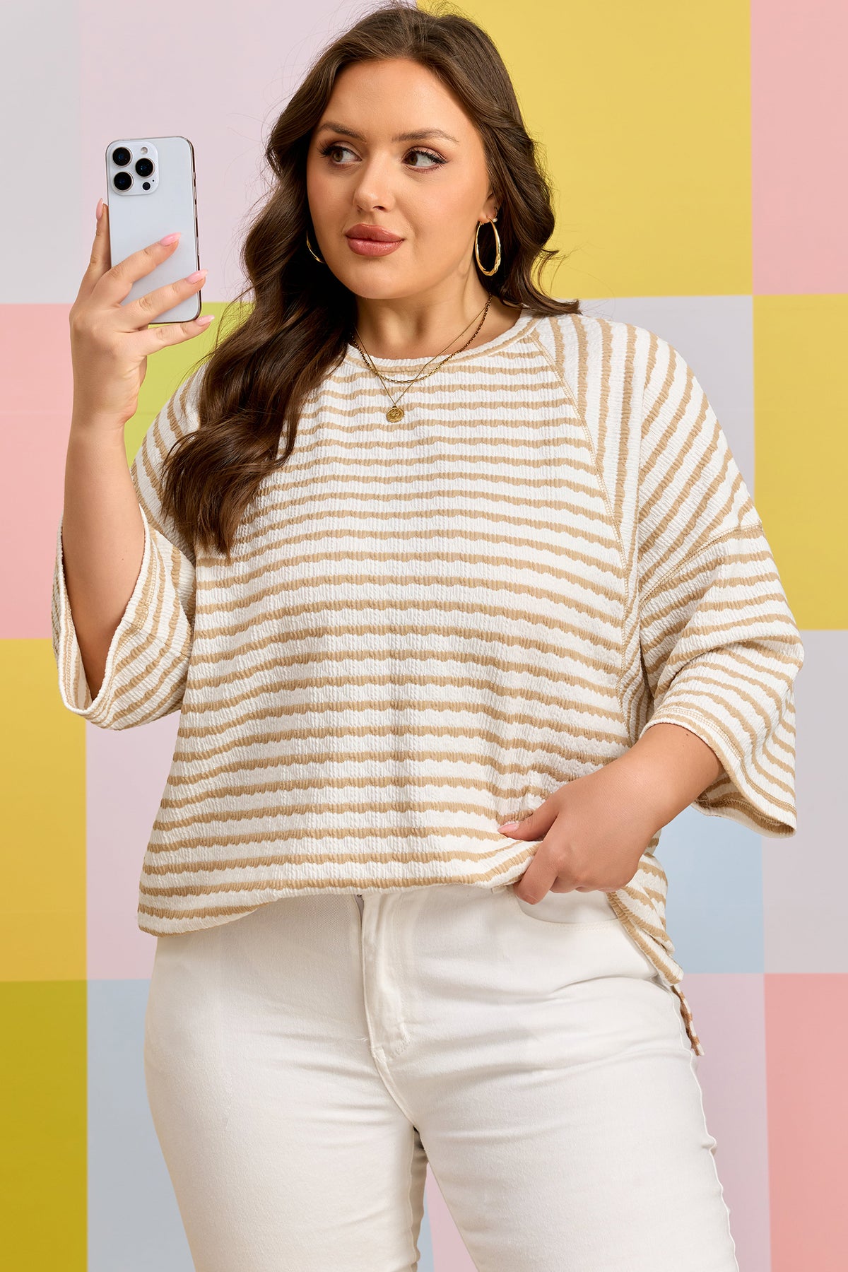 Apricot Stripe Plus Size Textured Patchwork Detail Half-Sleeve Top