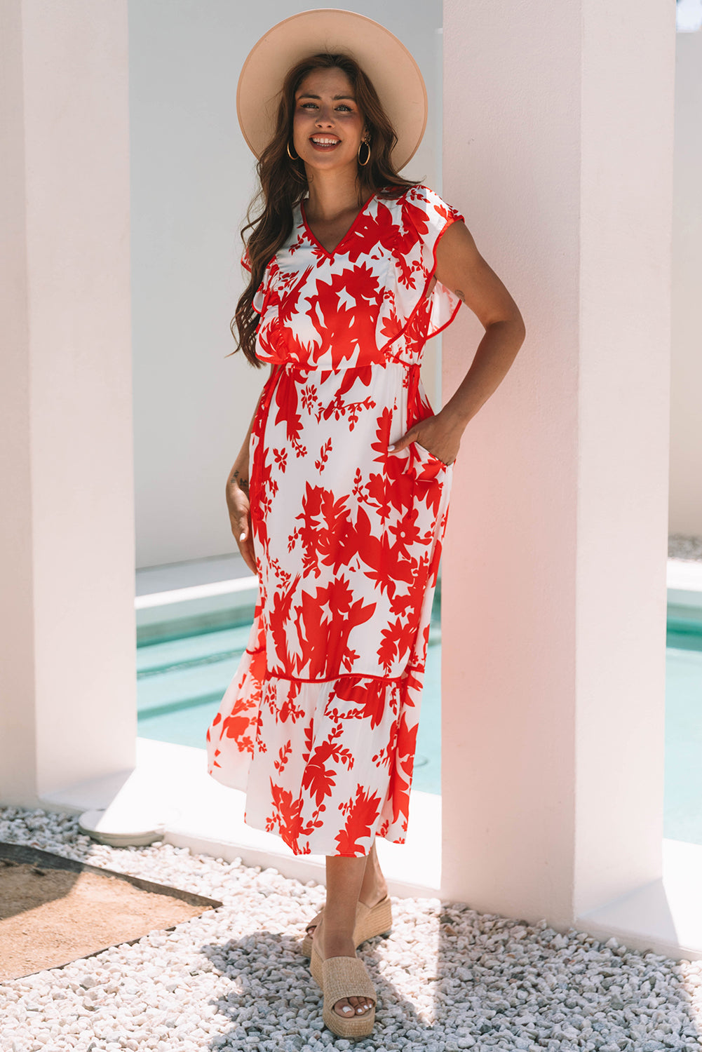 Red Floral Ruffle V-Neck Maxi Dress