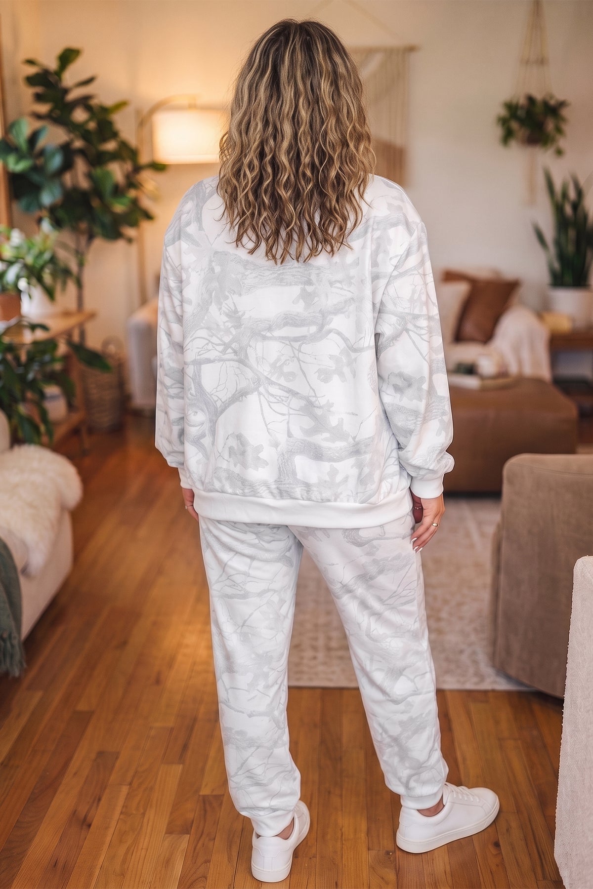 Gray Camouflage Print Stand Neck Long-Sleeve Regular Fit Plus Size Set